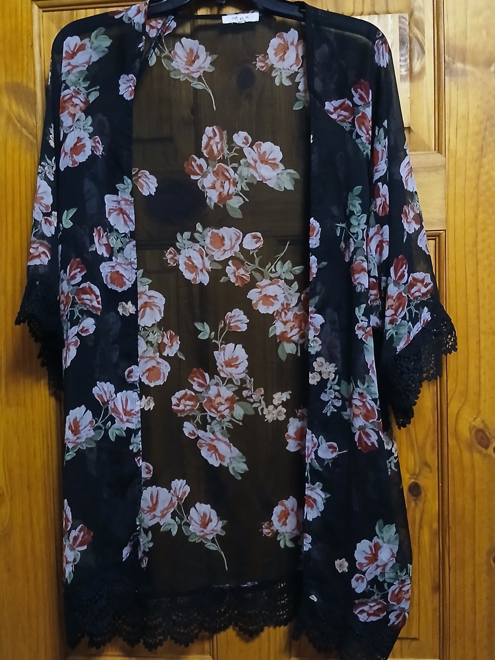 Maurices Black Floral Sheer Kimono with Lace Trim